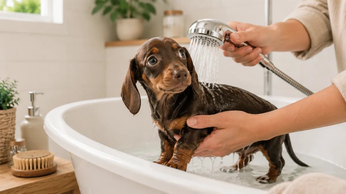 Cachorro siendo bañado con agua tibia