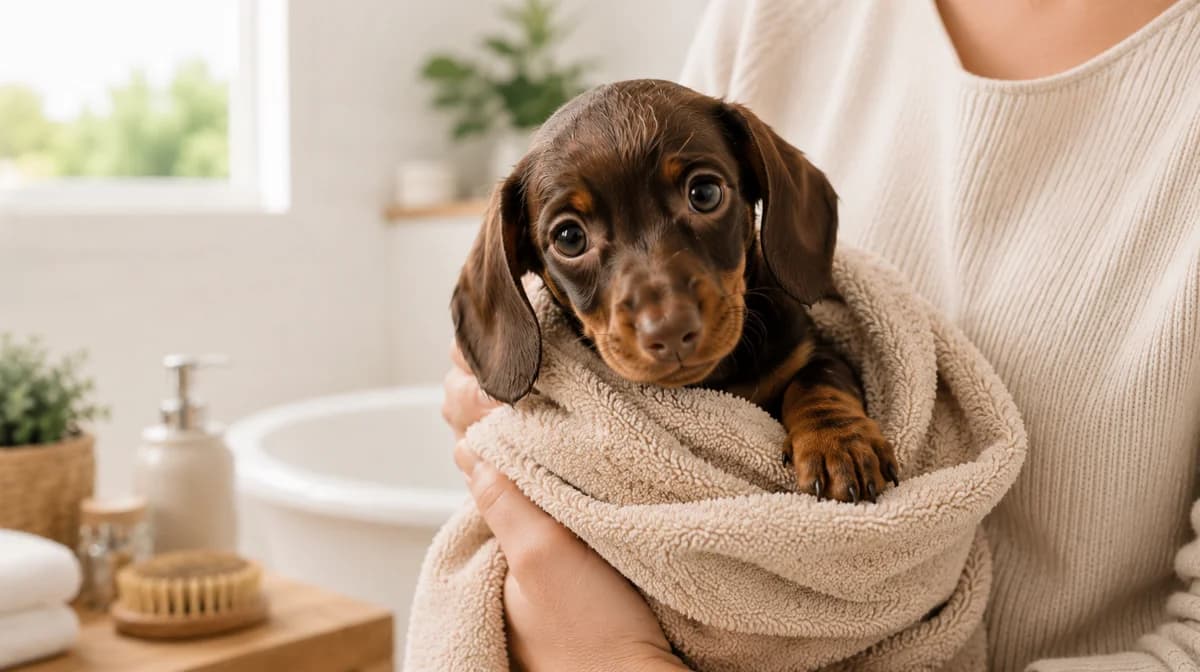 Cachorro siendo secado con toalla