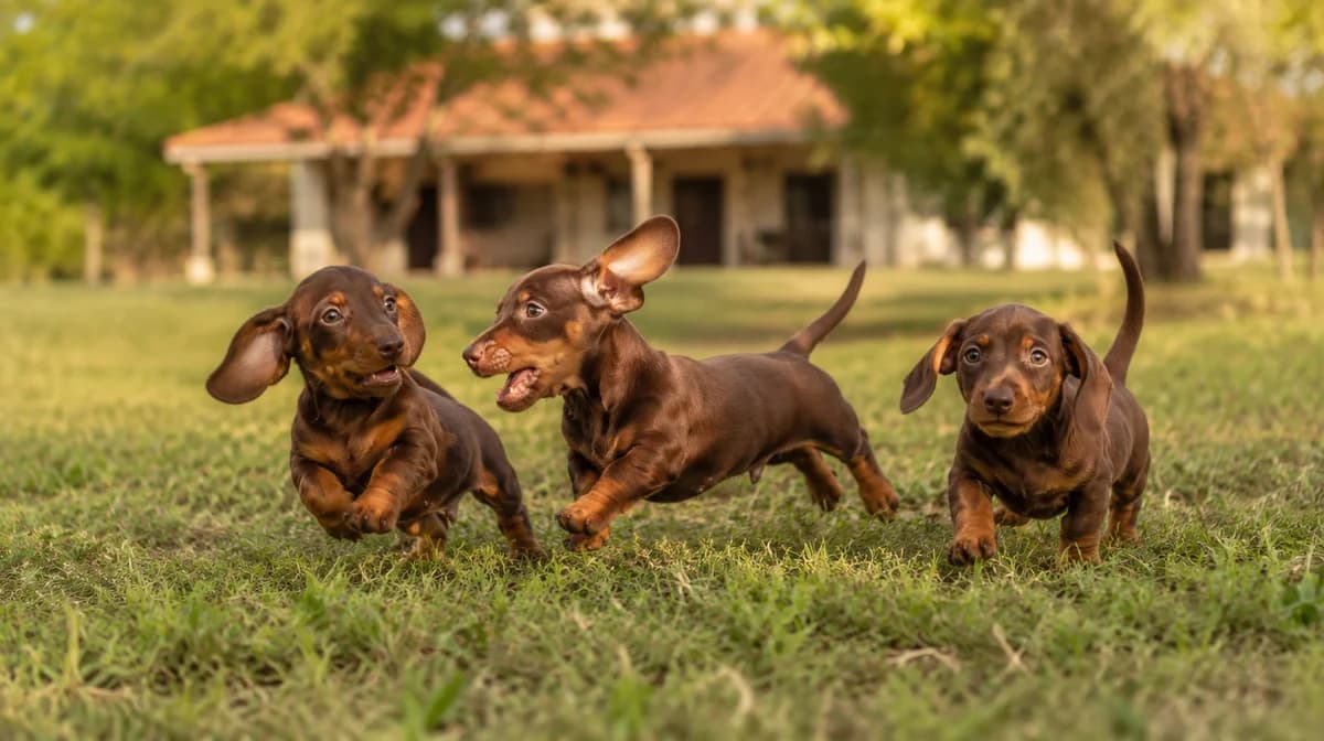 Cachorro Teckel en prado con casa de campo